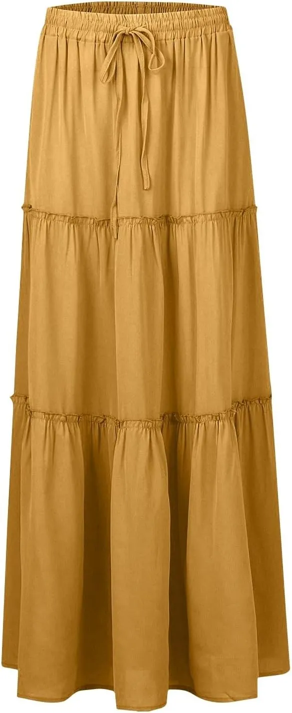 Women's Floral Print Midi Skirts 2025 Summer Aline Elastic High Waist Pleated Flowy Long Skirt Pockets Cute Skirts