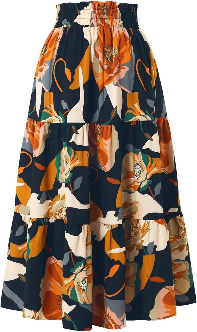 Women's Maxi Skirt 2025 Casual Loose Trendy Elastic Waist Floral Print Bohemian Sun A-Line Beach Skirts, S-XL