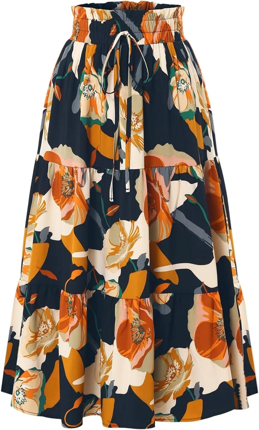 Women's Maxi Skirt 2025 Casual Loose Trendy Elastic Waist Floral Print Bohemian Sun A-Line Beach Skirts, S-XL