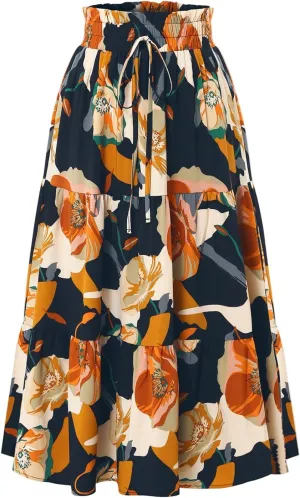 Women's Maxi Skirt 2025 Casual Loose Trendy Elastic Waist Floral Print Bohemian Sun A-Line Beach Skirts, S-XL