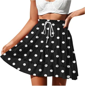Women's Mini Skirts Summer Floral High Waist Ruffle Drawstring Tie Polka Dots Short Skirt Flowy Beach Skirts