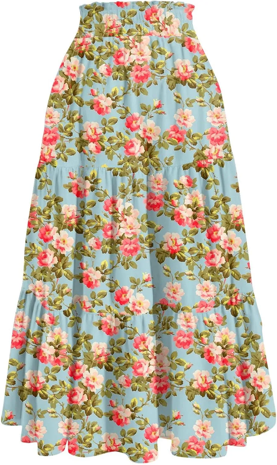 Women's Pleated Skirt Summer Casual Loose Trendy Elastic Waist Floral Print Bohemian Sun A-Line Maxi Skirts 2025, S-2XL