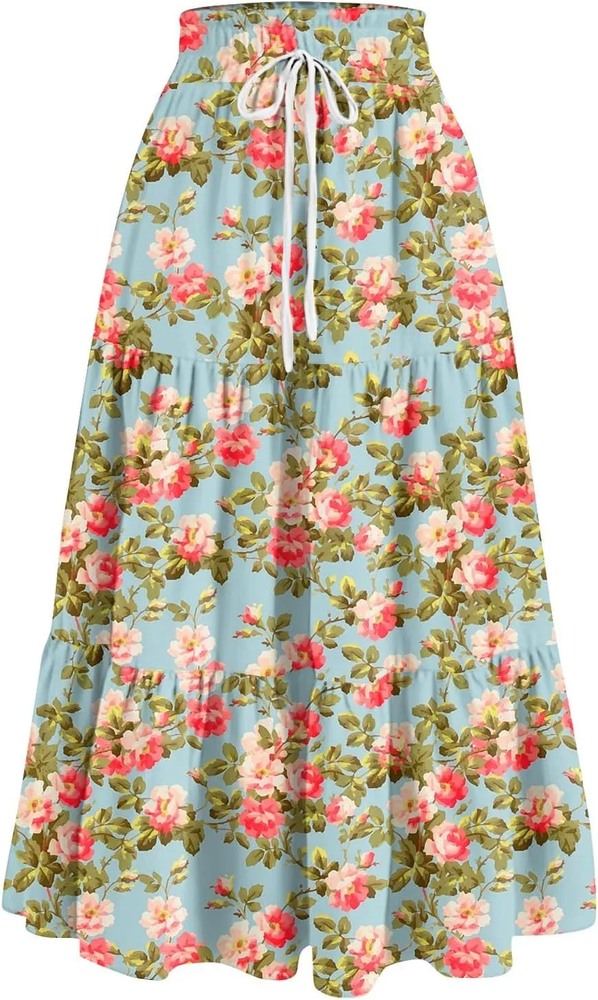 Women's Pleated Skirt Summer Casual Loose Trendy Elastic Waist Floral Print Bohemian Sun A-Line Maxi Skirts 2025, S-2XL