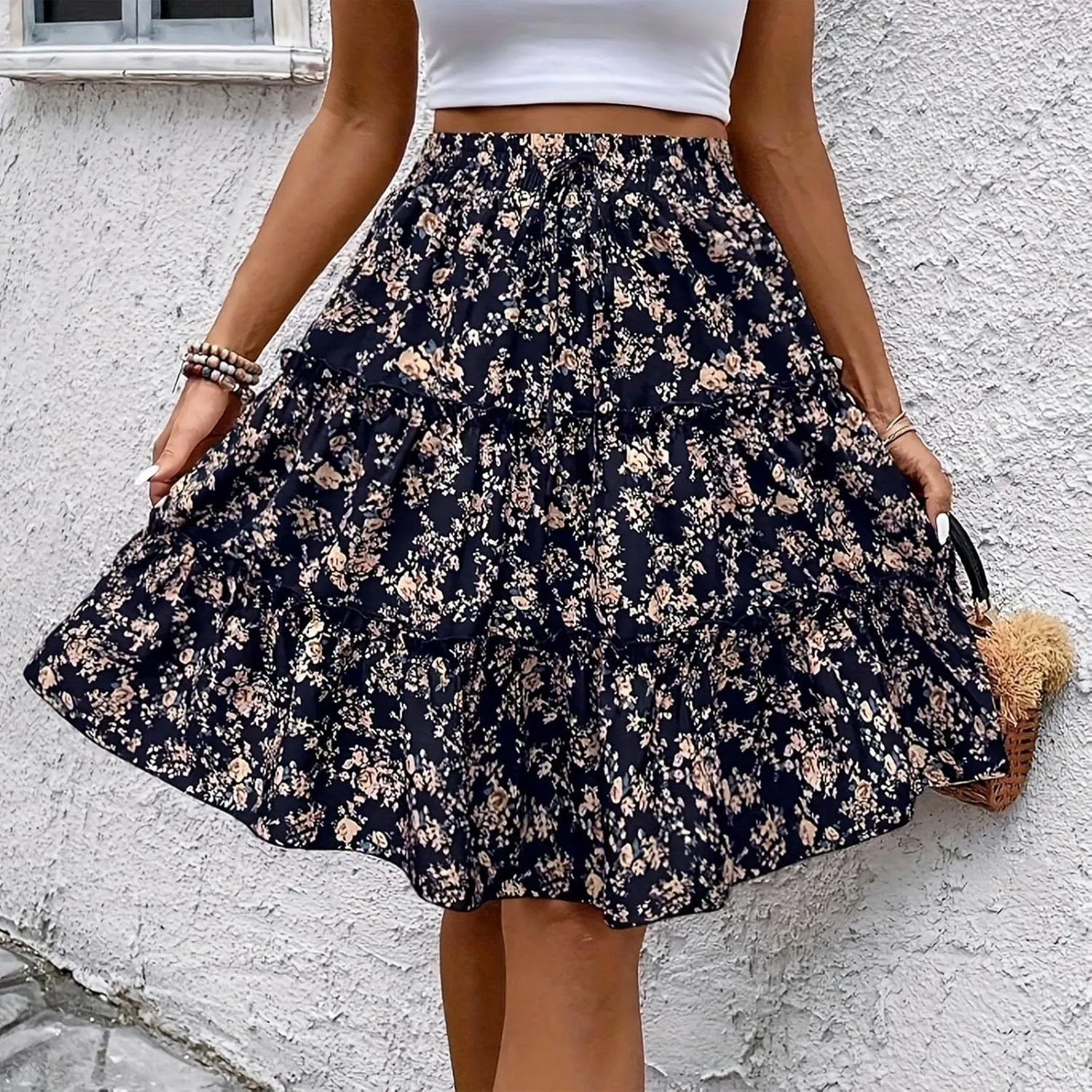 Women's Pleated Skirts Boho Floral Skirt Casual Elastic High Waist Maxi Skirts Flowy A Line Beach Skirt, S-XL