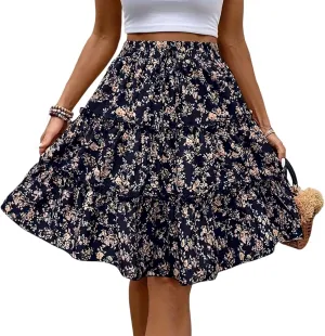 Women's Pleated Skirts Boho Floral Skirt Casual Elastic High Waist Maxi Skirts Flowy A Line Beach Skirt, S-XL