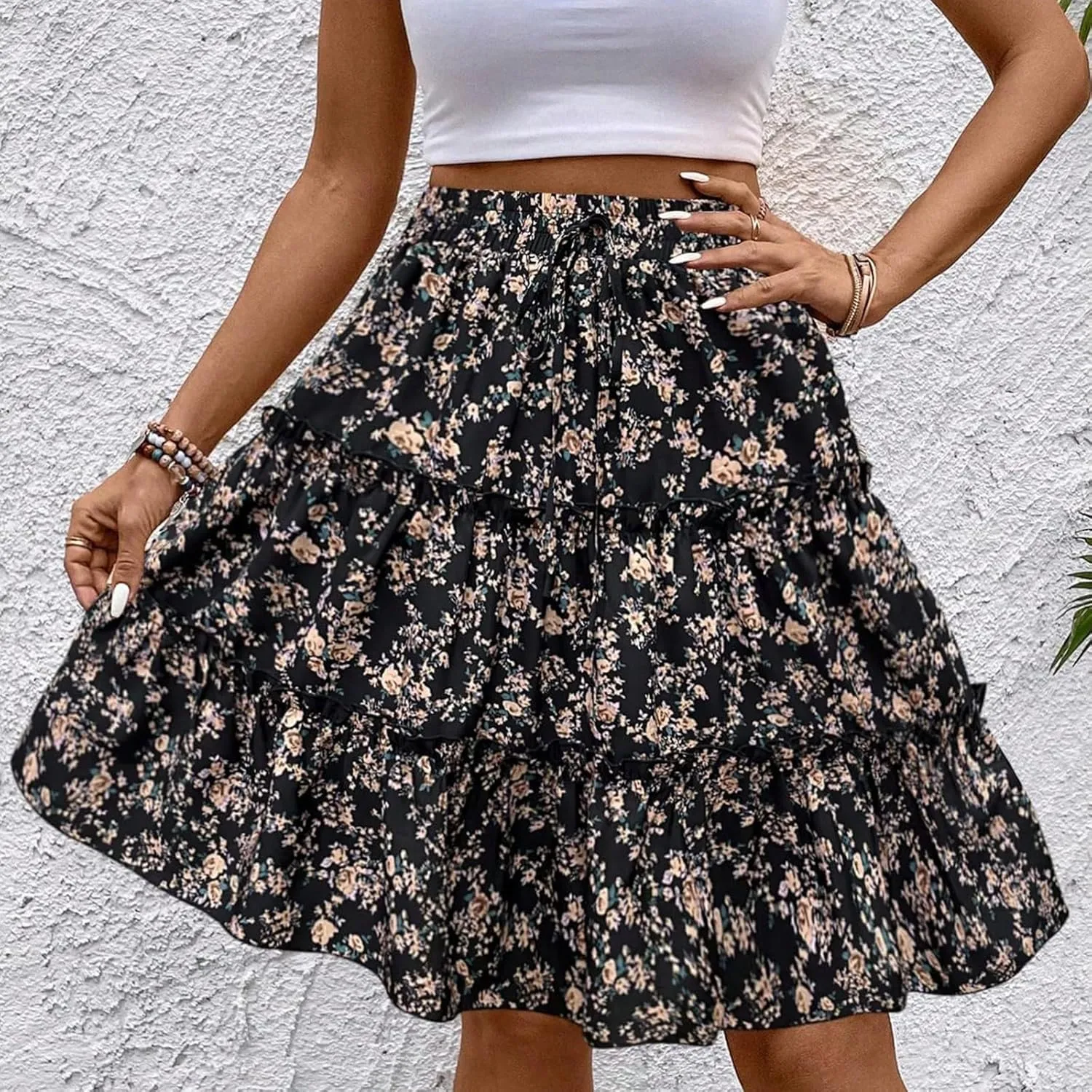 Women's Pleated Skirts Boho Floral Skirt Casual Elastic High Waist Maxi Skirts Flowy A Line Beach Skirt, S-XL