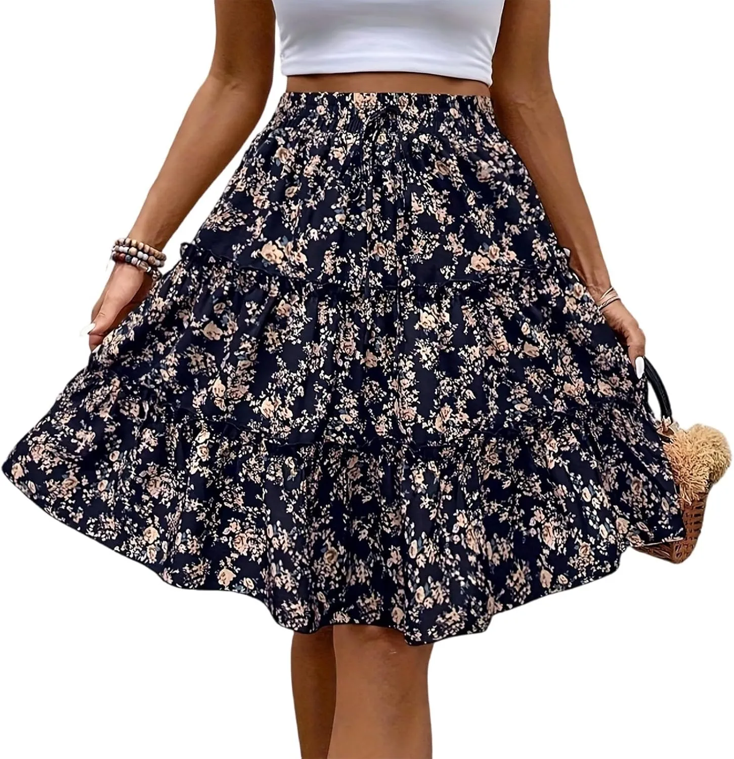 Women's Pleated Skirts Boho Floral Skirt Casual Elastic High Waist Maxi Skirts Flowy A Line Beach Skirt, S-XL