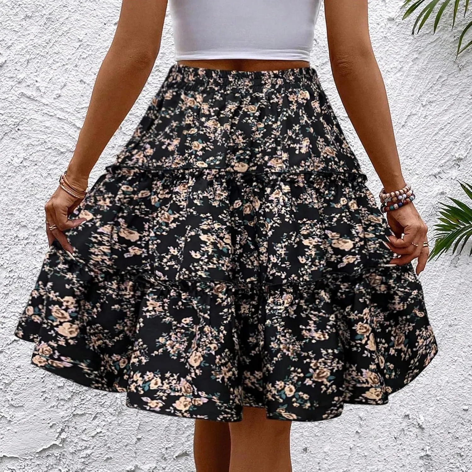 Women's Pleated Skirts Boho Floral Skirt Casual Elastic High Waist Maxi Skirts Flowy A Line Beach Skirt, S-XL