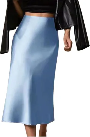 Women's Silk Satin Maxi Skirt High Waist Elegant A Line Fishtail Summer Wedding Work Ruffle Hem Flared Long Skirt
