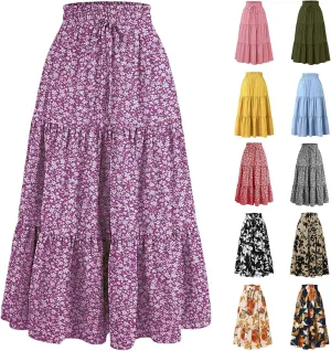 Women's Skirts Women's Summer Comfy Tiered Elastic High Waisted Skirts Casual Floral Print A Line Skirt