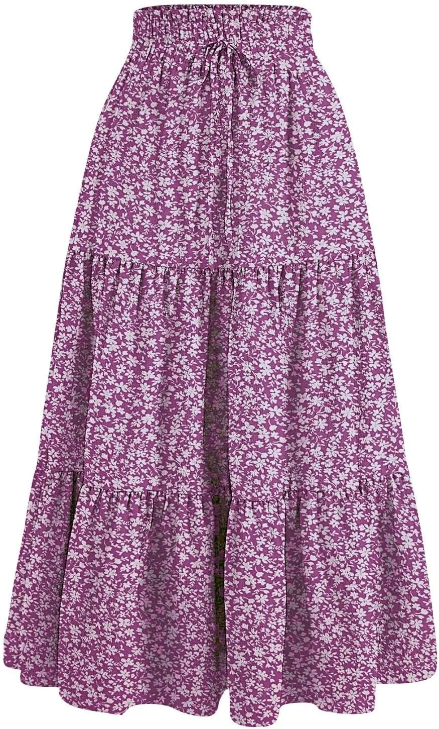 Women's Skirts Women's Summer Comfy Tiered Elastic High Waisted Skirts Casual Floral Print A Line Skirt