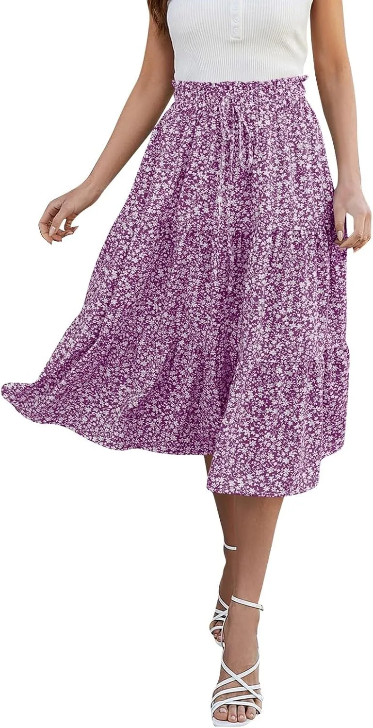 Women's Skirts Women's Summer Comfy Tiered Elastic High Waisted Skirts Casual Floral Print A Line Skirt