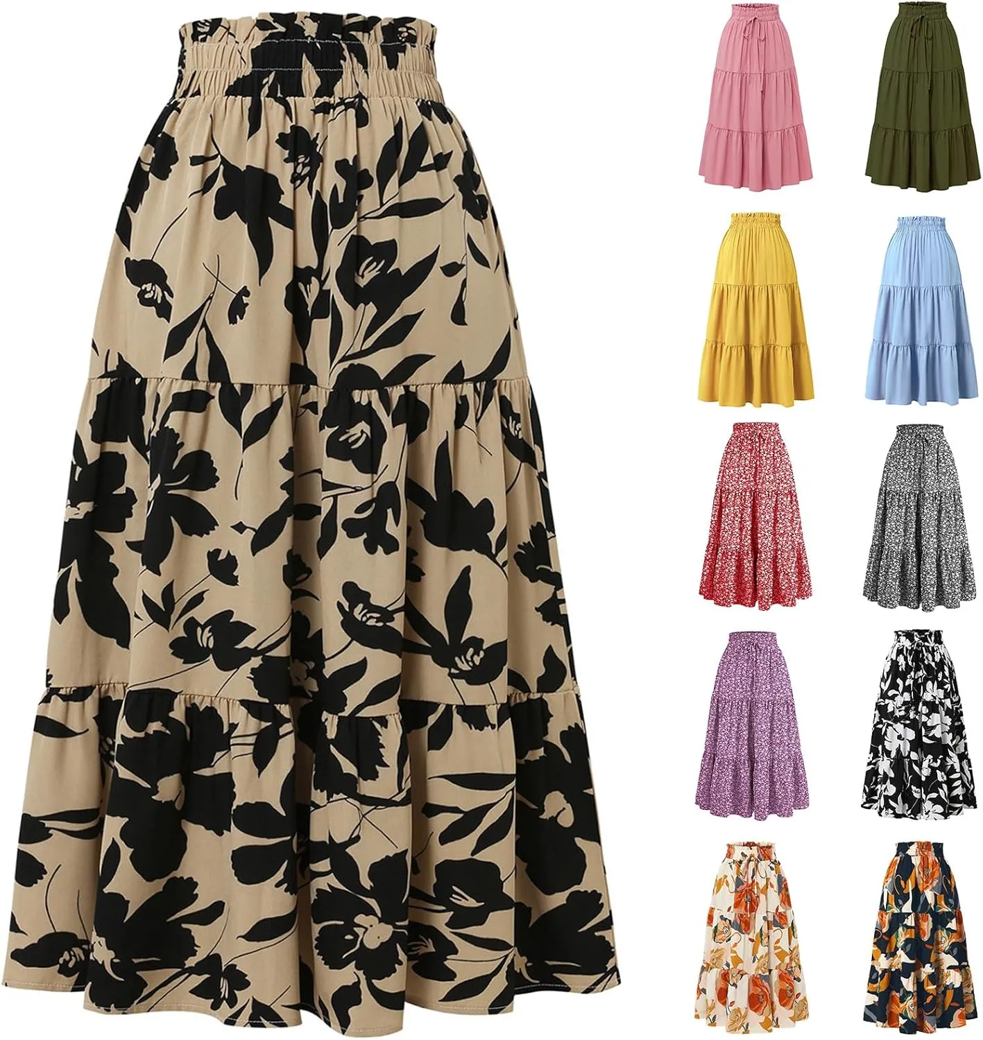 Women's Skirts Women's Summer Comfy Tiered Elastic High Waisted Skirts Casual Floral Print A Line Skirt