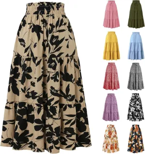 Women's Skirts Women's Summer Comfy Tiered Elastic High Waisted Skirts Casual Floral Print A Line Skirt