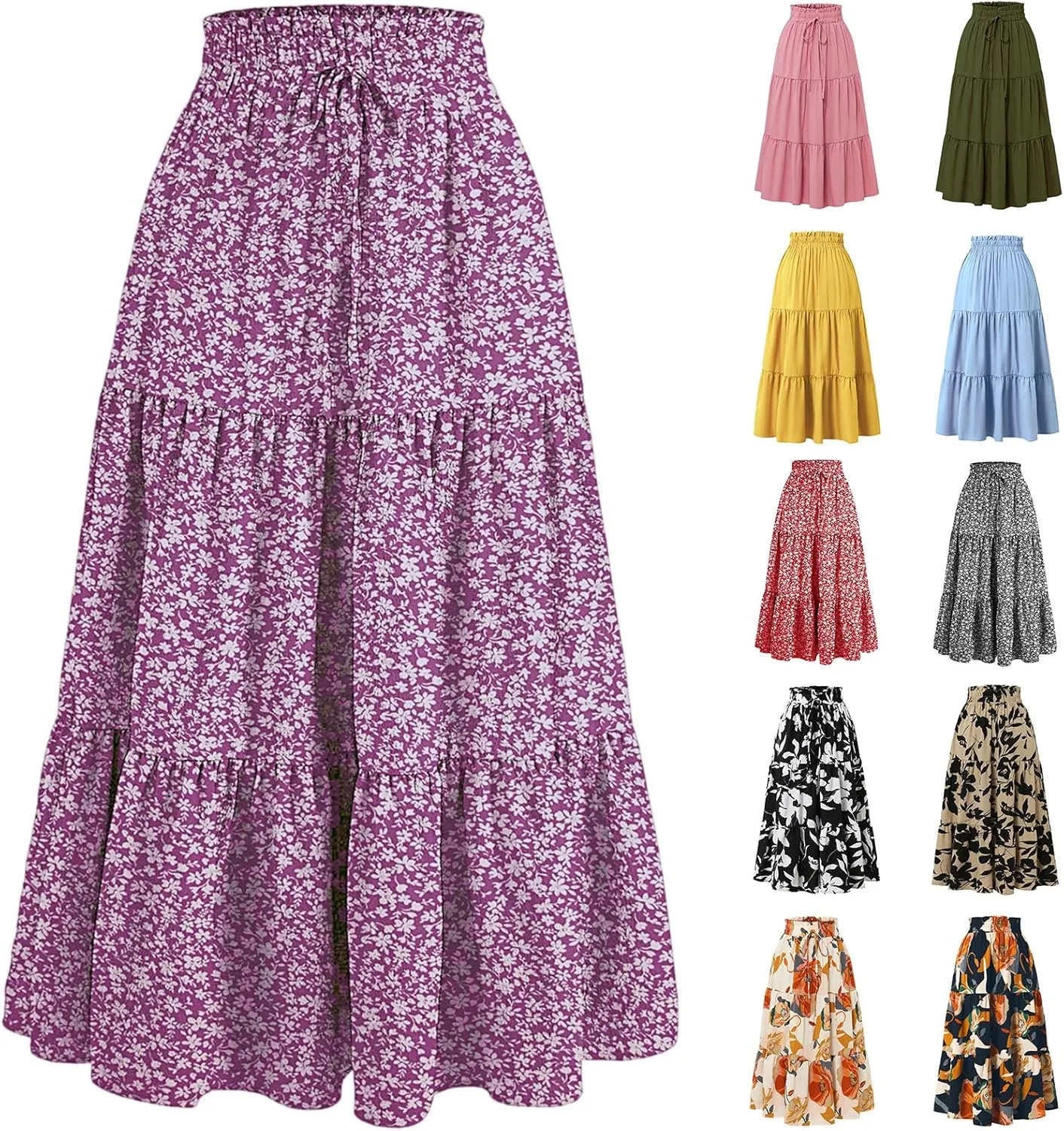 Women's Skirts Women's Summer Comfy Tiered Elastic High Waisted Skirts Casual Floral Print A Line Skirt