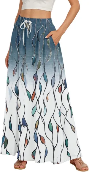 Women's Summer Skirts 2025 Boho Skirt Elastic High Waist Pleated A-Line Flared Maxi Skirts Flowy Dresses, S-2XL