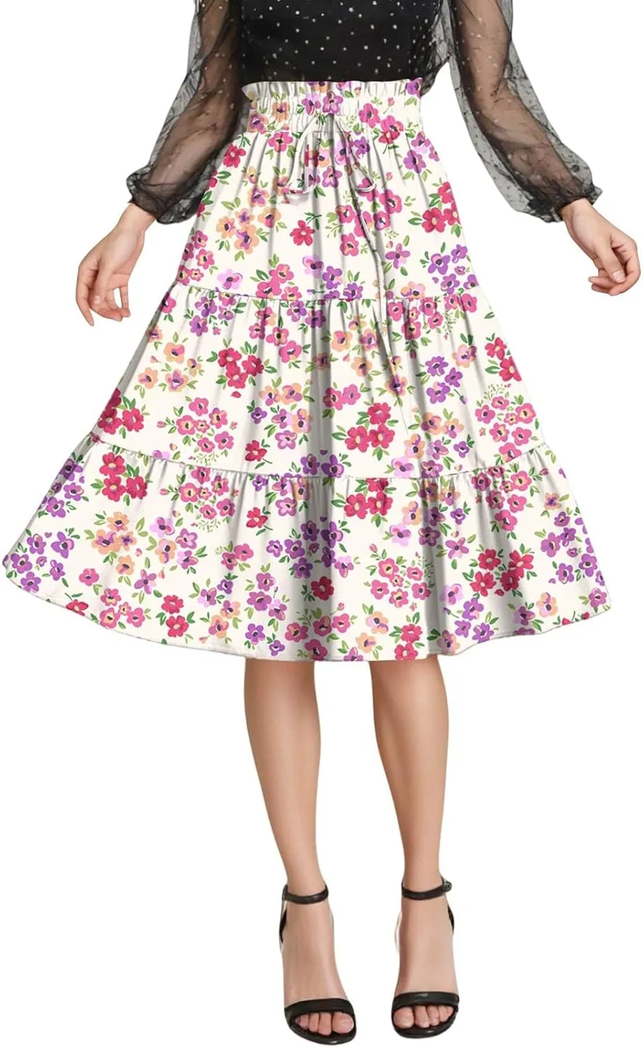 Women's Sundresses Boho Floral Skirt Casual Elastic High Waist Maxi Skirts Flowy A Line Beach Long Skirt, S-2XL