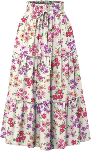 Women's Sundresses Boho Floral Skirt Casual Elastic High Waist Maxi Skirts Flowy A Line Beach Long Skirt, S-2XL
