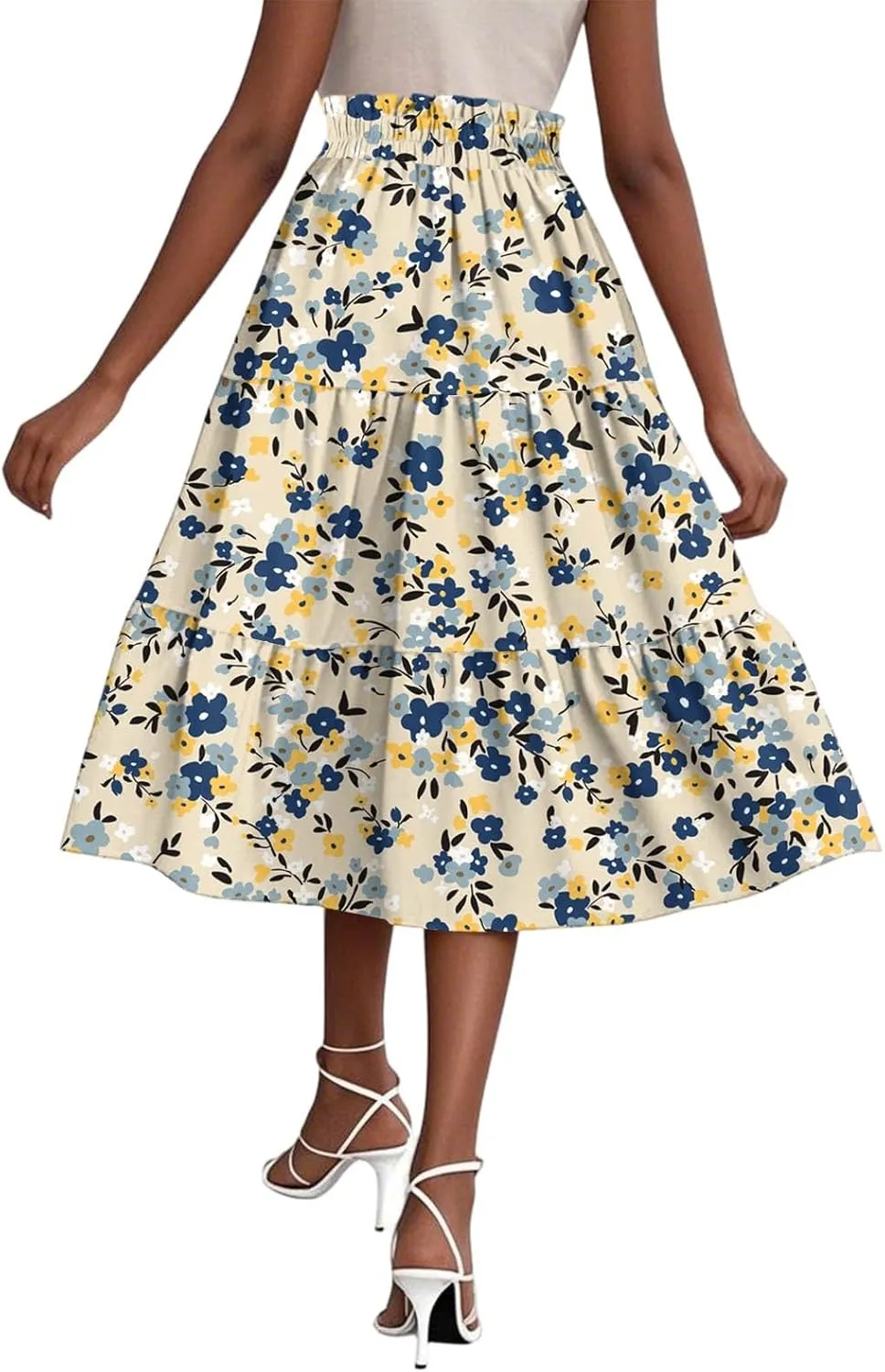 Women's Sundresses Boho Floral Skirt Casual Elastic High Waist Maxi Skirts Flowy A Line Beach Long Skirt, S-2XL