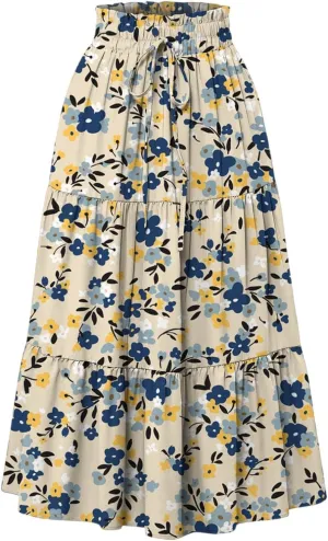 Women's Sundresses Boho Floral Skirt Casual Elastic High Waist Maxi Skirts Flowy A Line Beach Long Skirt, S-2XL