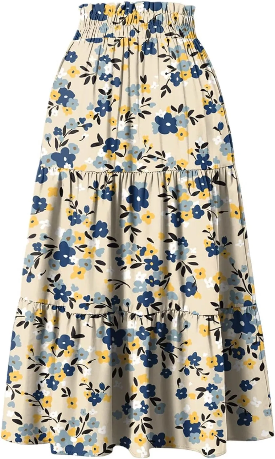 Women's Sundresses Boho Floral Skirt Casual Elastic High Waist Maxi Skirts Flowy A Line Beach Long Skirt, S-2XL