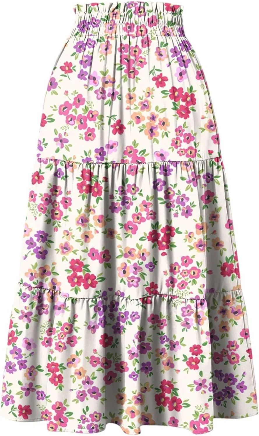 Women's Sundresses Boho Floral Skirt Casual Elastic High Waist Maxi Skirts Flowy A Line Beach Long Skirt, S-2XL