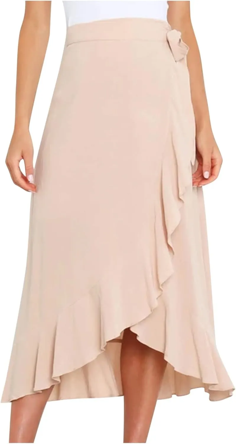 Wrap Skirts for Women Midi Length Skirts Waist Tie Maxi Skirt A-line Ruffle Skirt Flowy Midi Skirt Asymmetrical Skirt